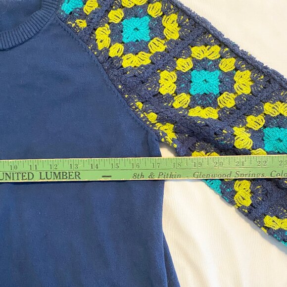 Adorable Grandma Sweater with Crocheted Sleeves Navy, Teal and Green - Picture 7 of 7